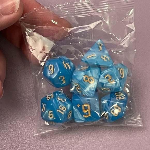 Blue Pearlized Swirl Acrylic 7 Piece Dice Set With Gold Inking - Picture 4 of 4